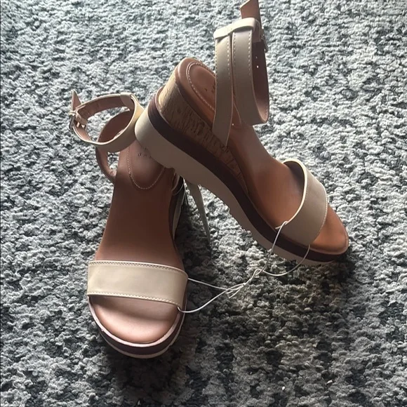 Cream and Brown Wedge Sandals with Cork Heel - Picture 6 of 10
